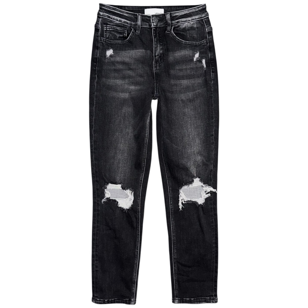 Vervet Remi Black Distressed High Rise Mom Jeans Stretch Relaxed Slouchy Fit 25